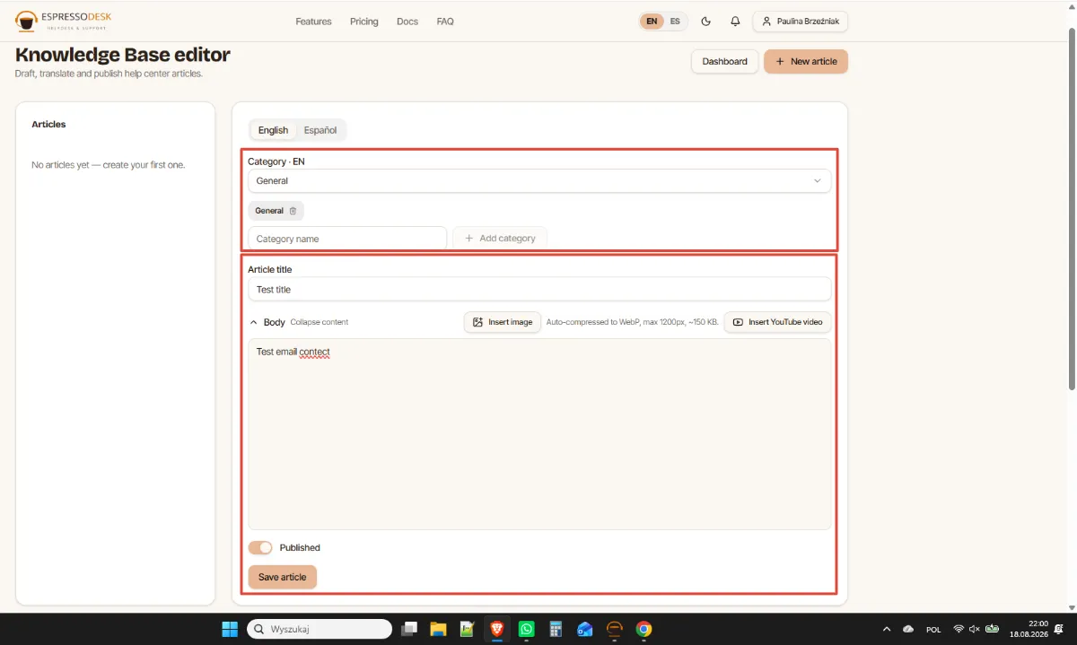 Creating categories and publishing articles